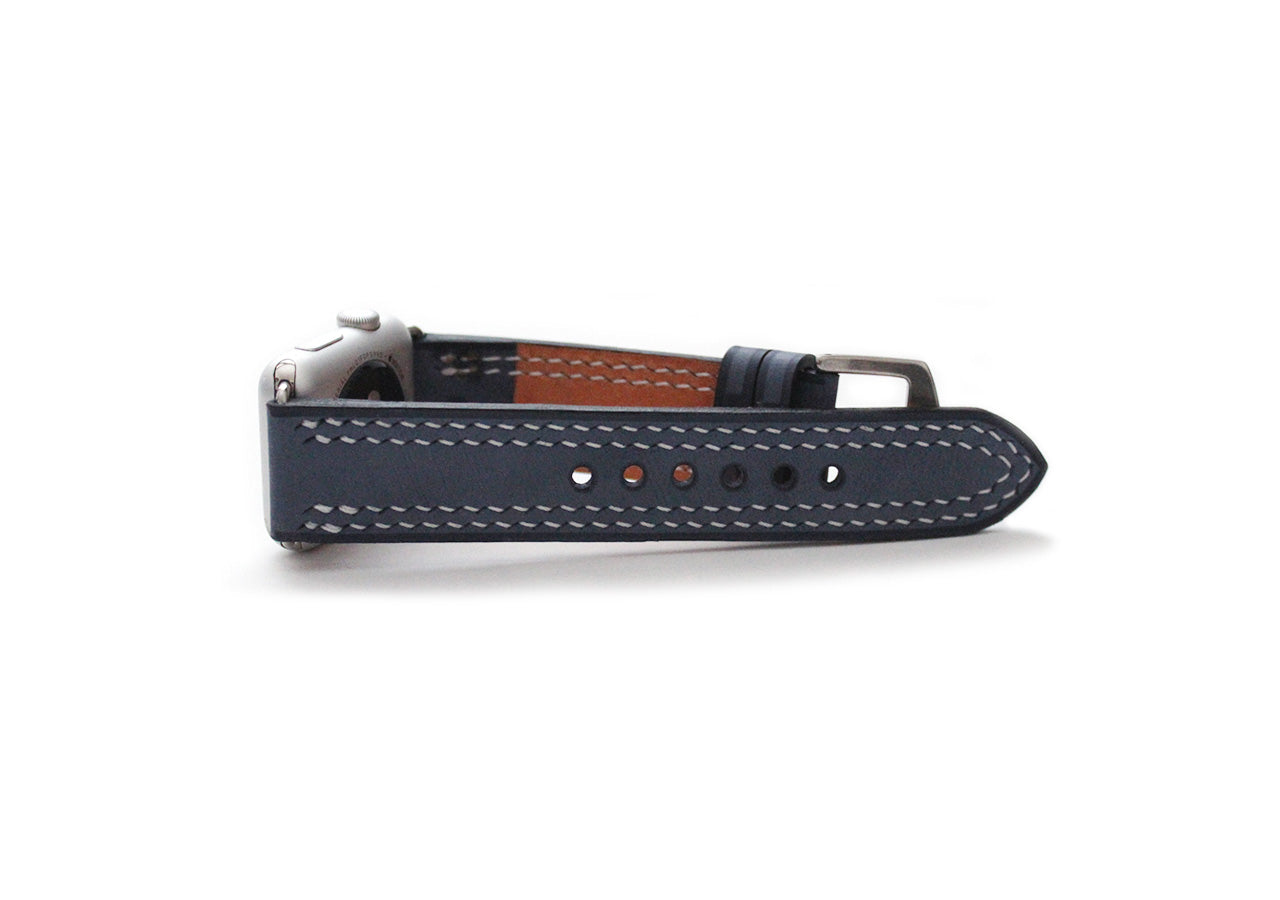 Quad-Stitched Italian blue leather watch strap with stitching detail