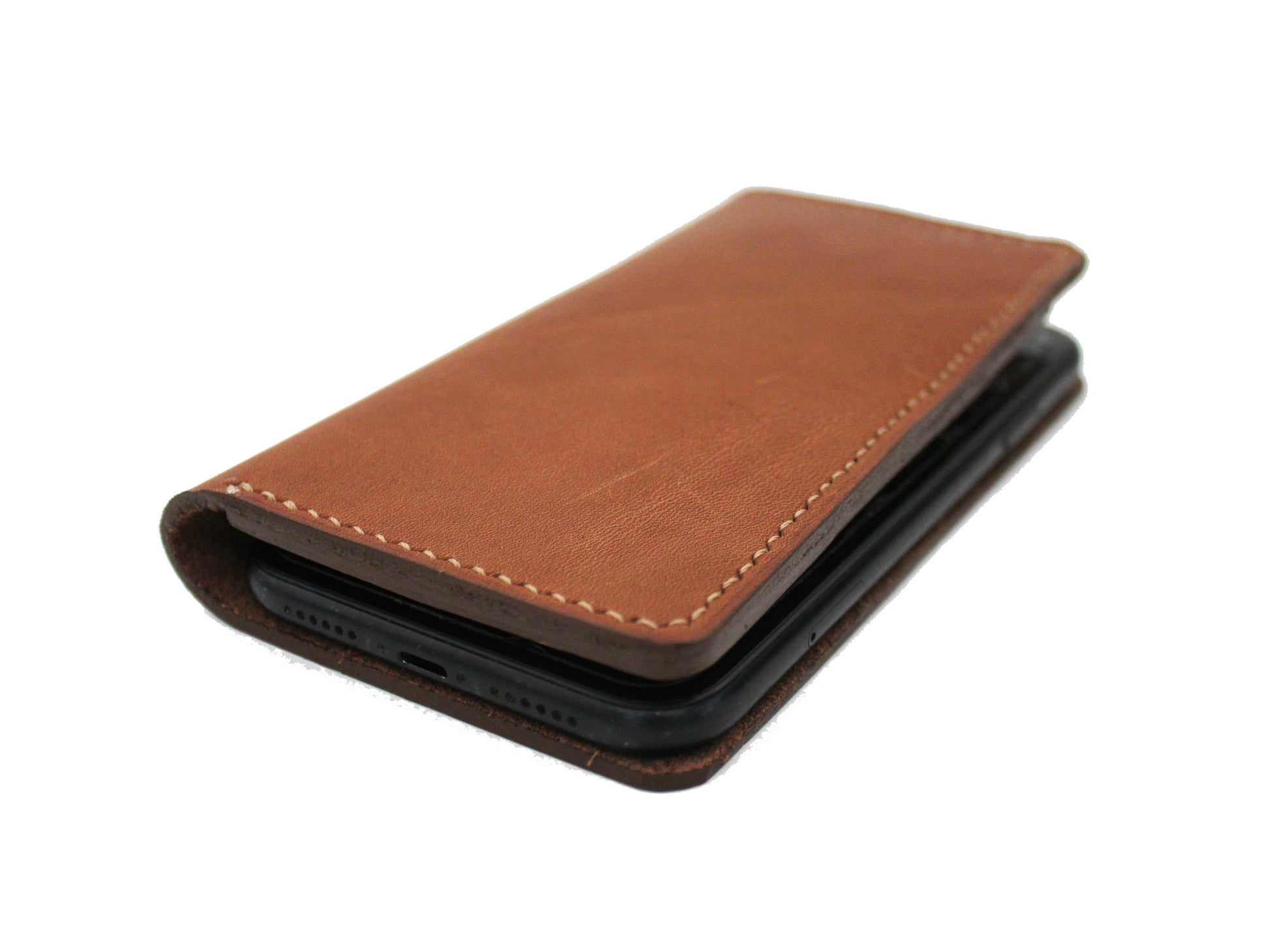 Full Grain Brown leather hand stitched phone wallet with tan stitching
