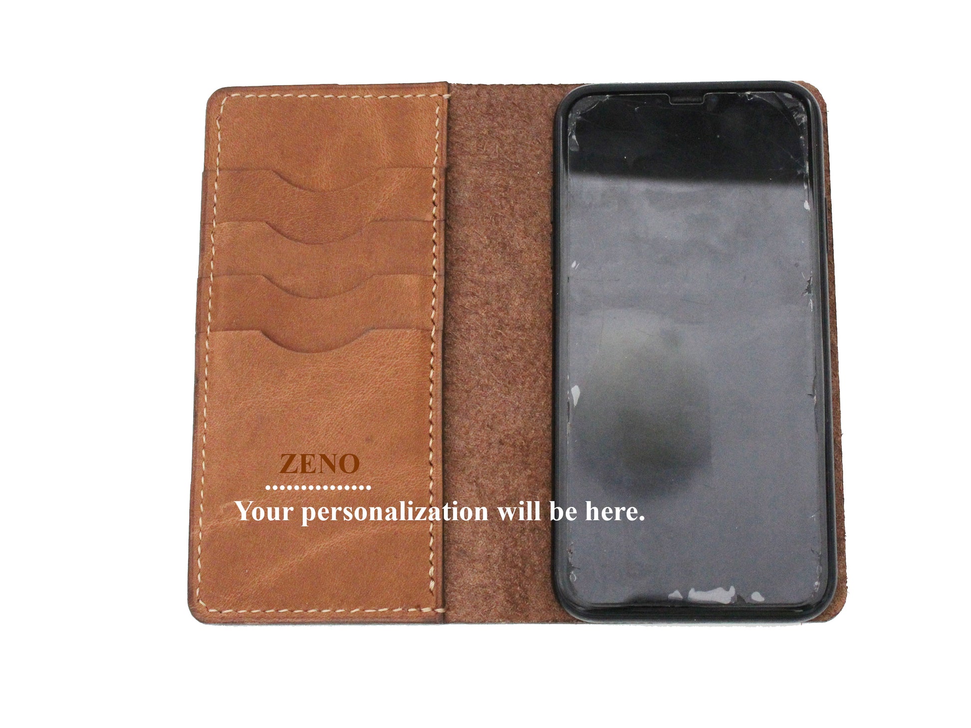 Full Grain Brown leather hand stitched phone wallet with personalization