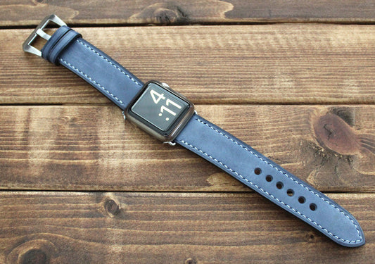 Apple watch with a blue Italian leather strap