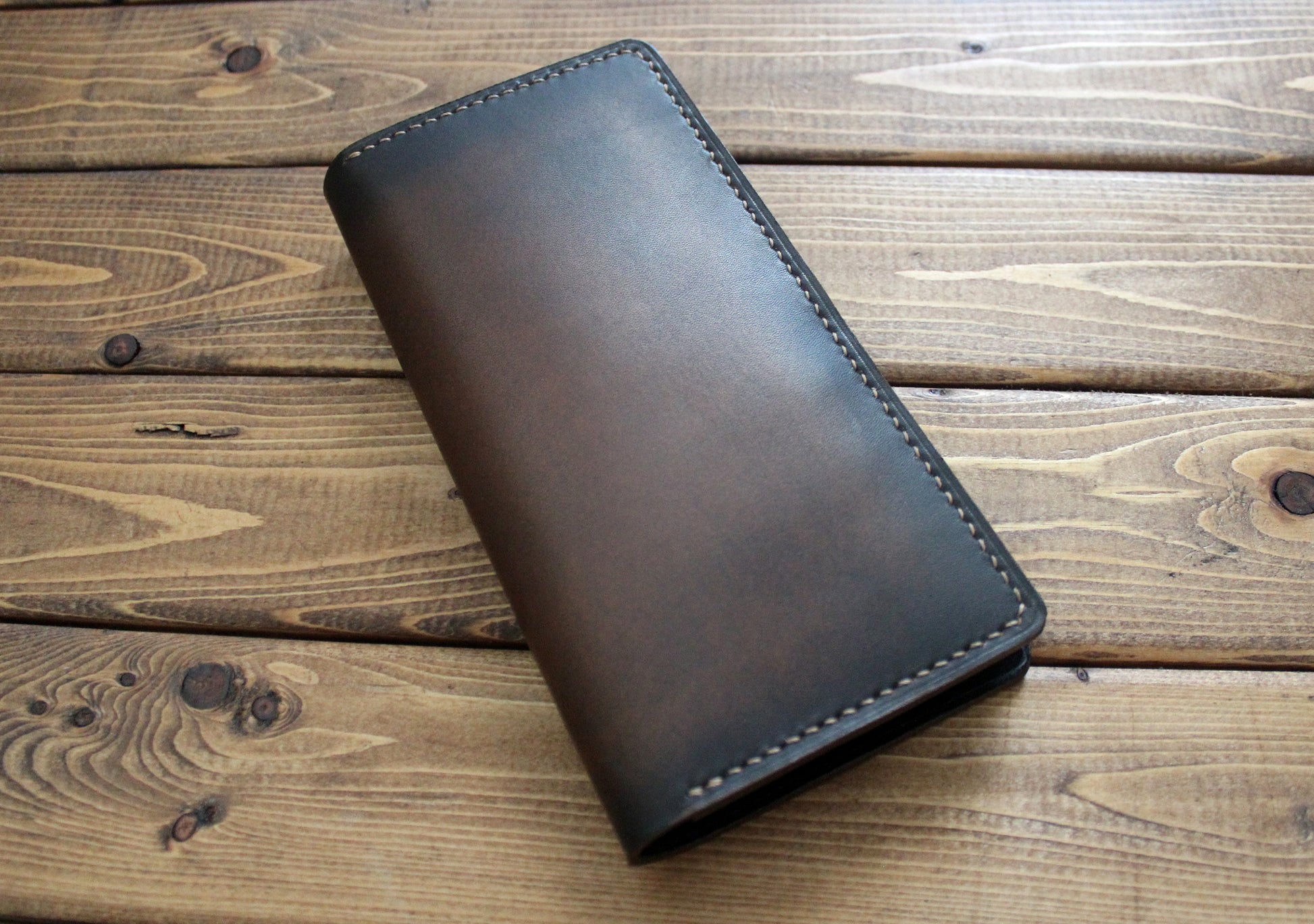 Hand Burnished Italian Calf Brown Leather iPhone Wallet Case with tan stitching