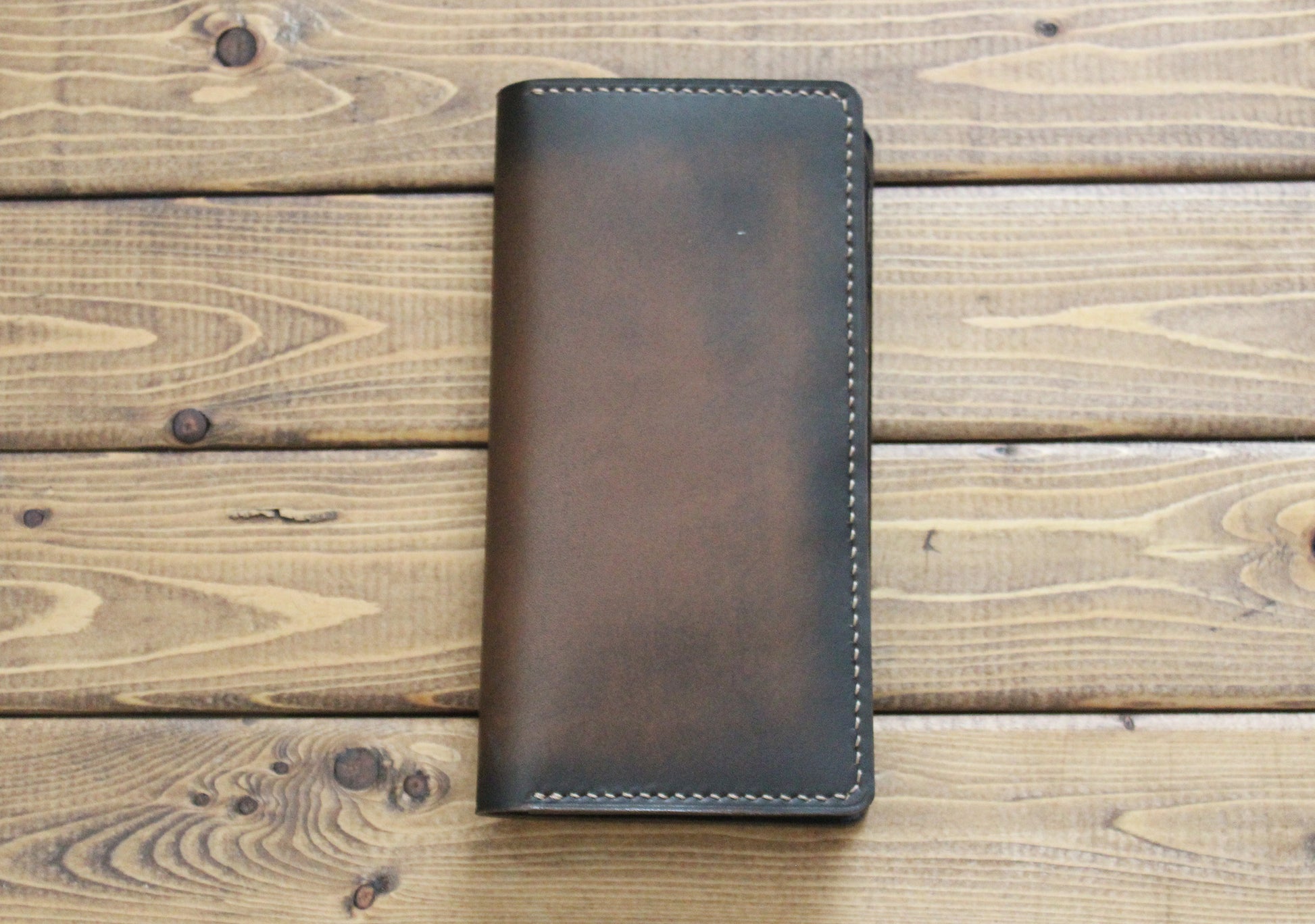 Hand Burnished Italian Calf Brown Leather iPhone Wallet Case with tan stitching