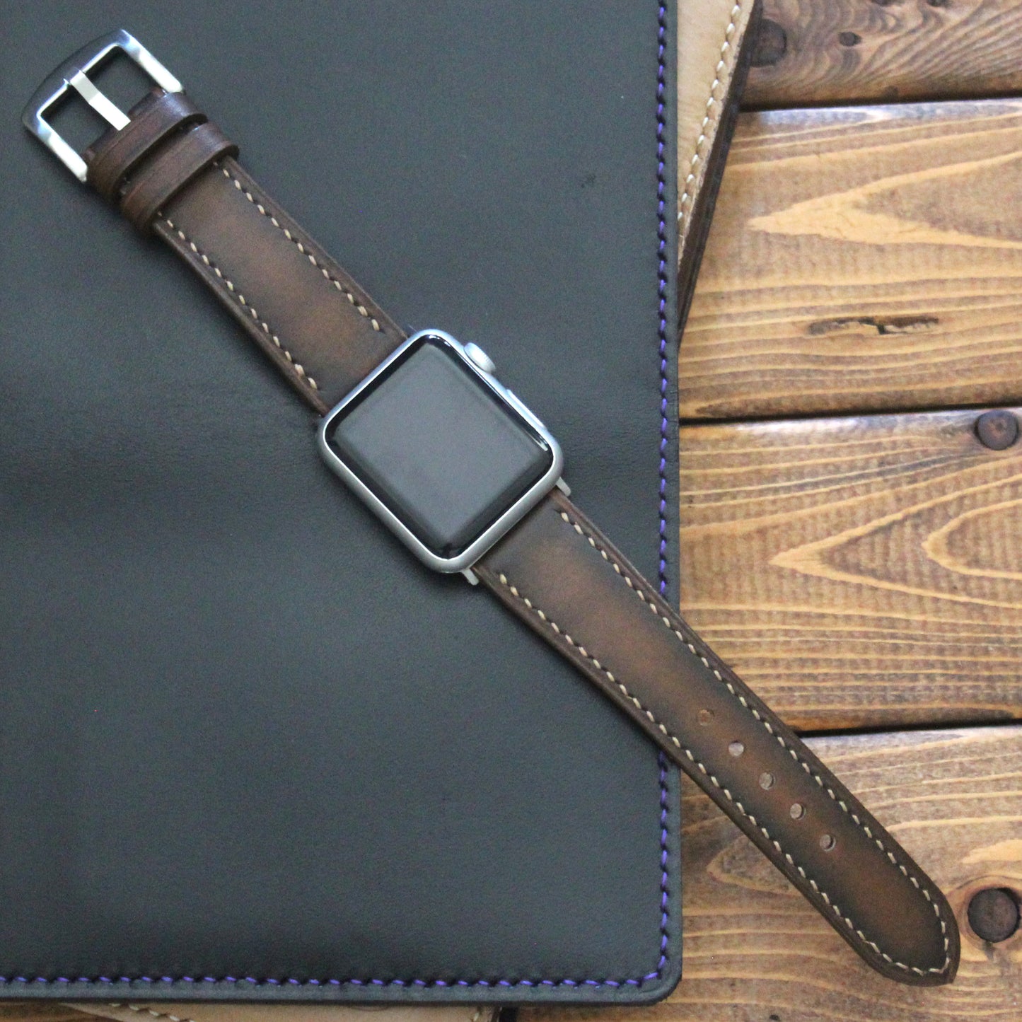 Hand Burnished Calf Leather Apple watch band, hand stitched in Canada