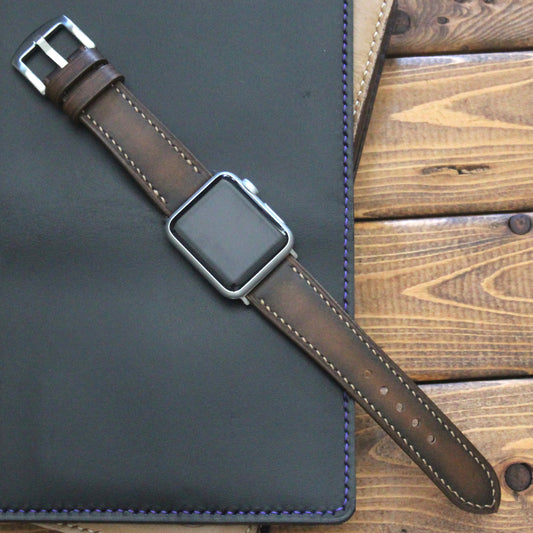Hand Burnished Calf Leather Apple watch band, hand stitched in Canada