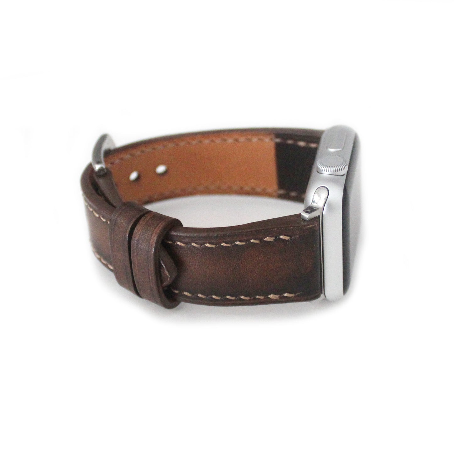 Hand Burnished Calf Leather Apple watch band with silver buckle, handcrafted in Canada