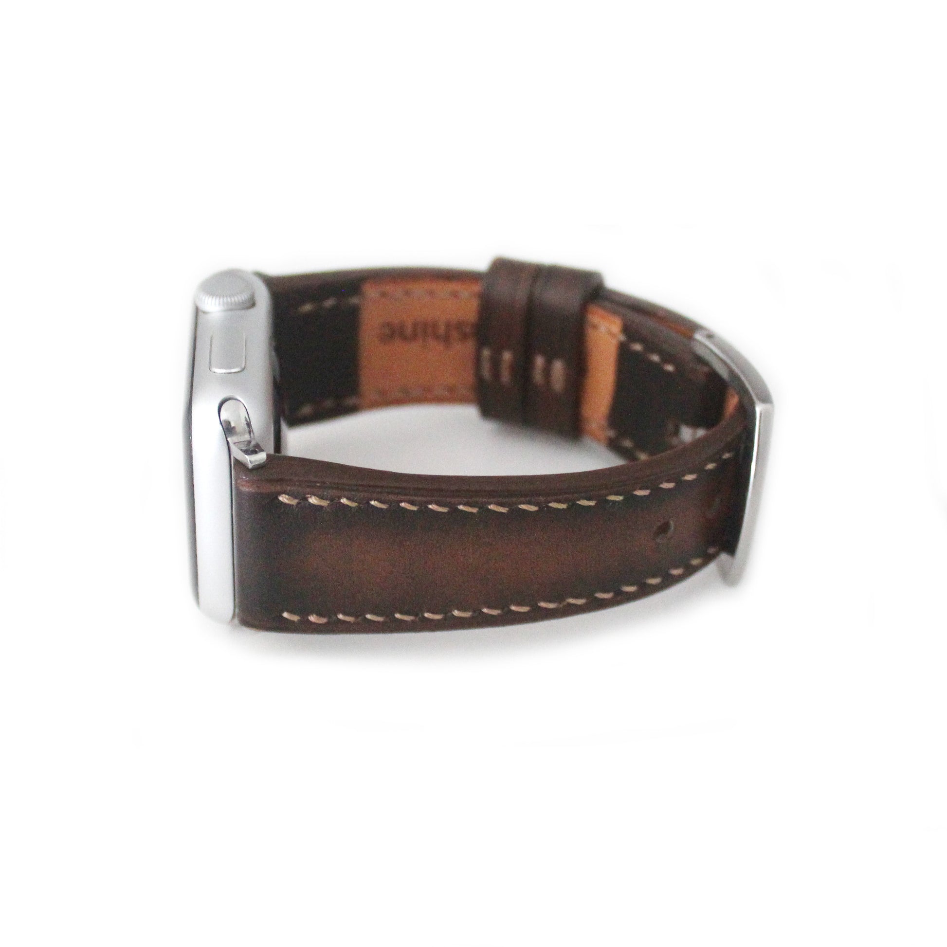 Hand Burnished Calf Leather Apple watch band with silver buckle, handcrafted in Canada