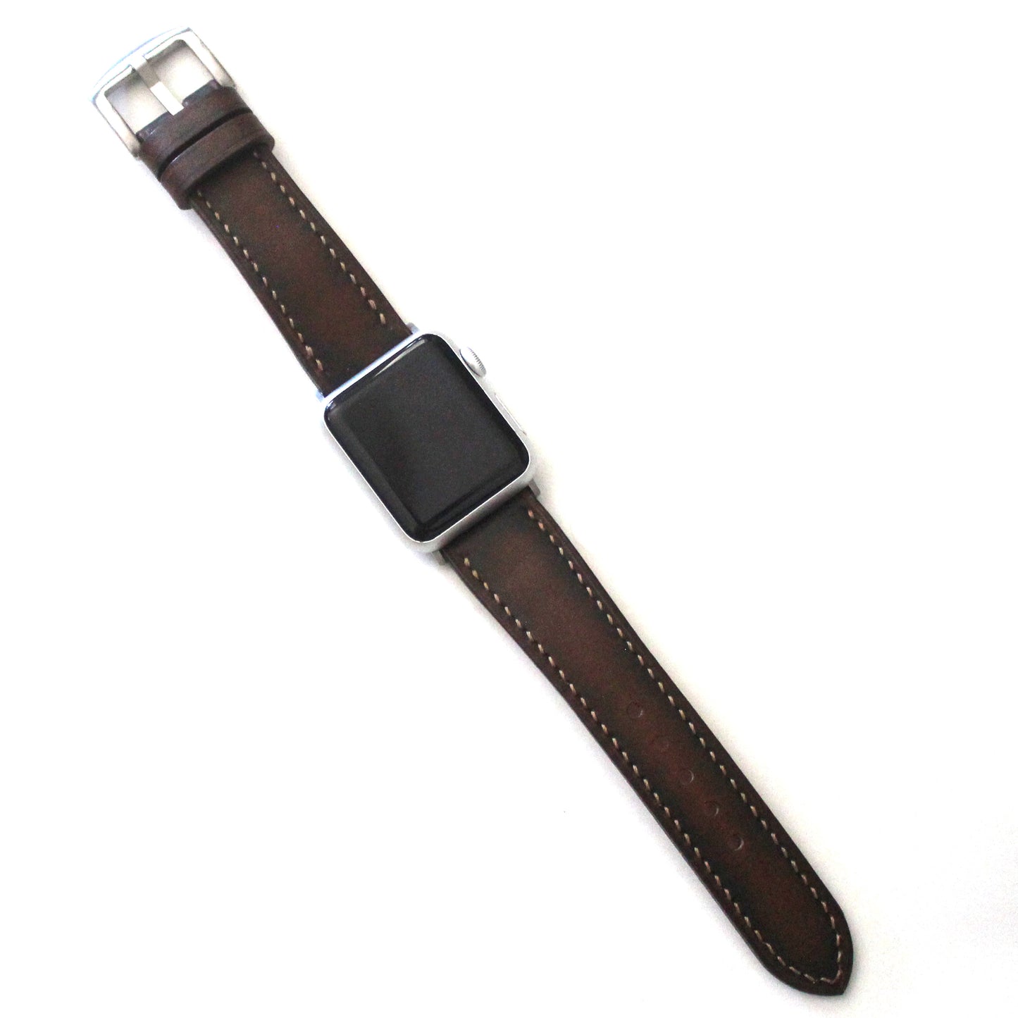 Hand Burnished Calf Leather Apple watch band with silver buckle, handcrafted in Canada