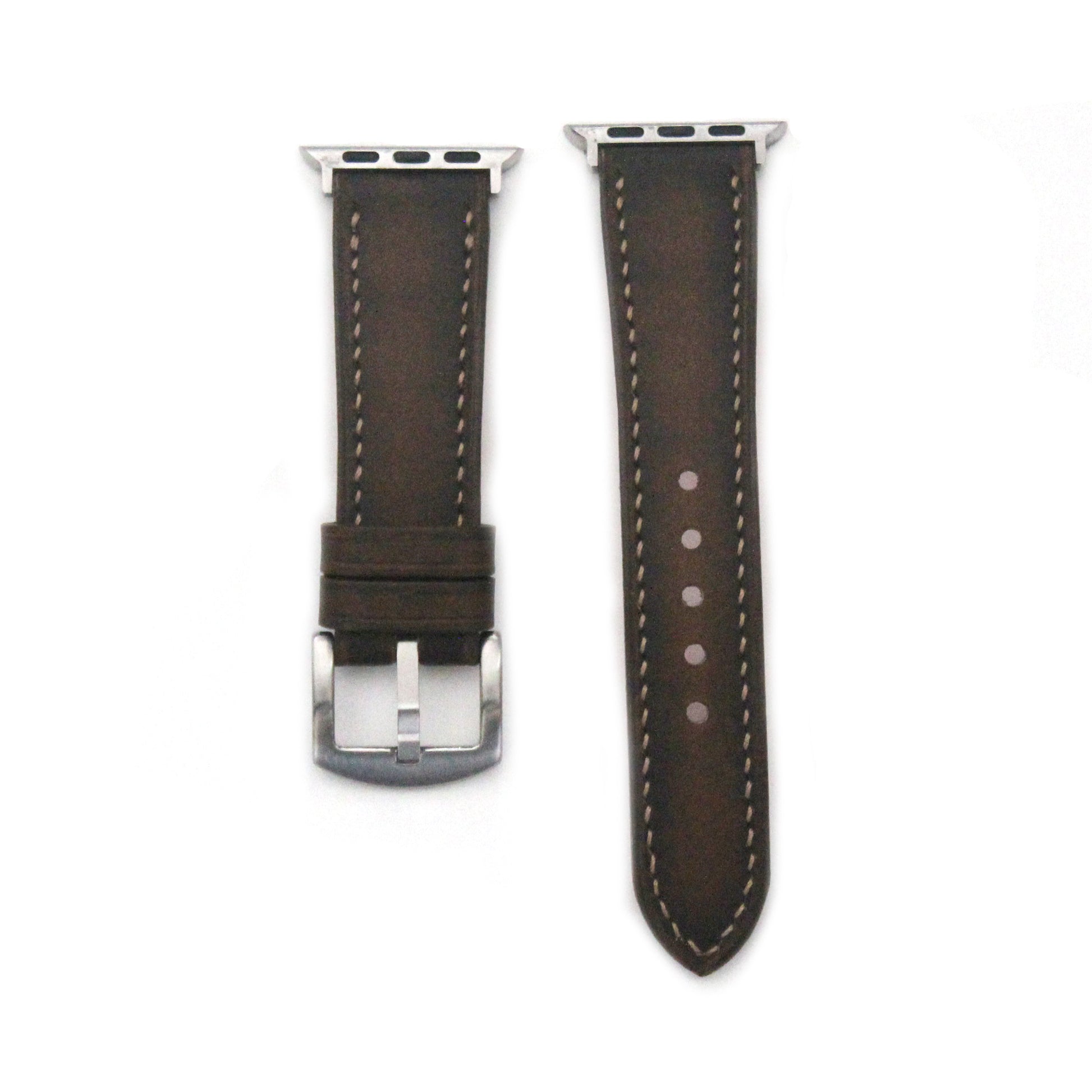 Hand Burnished Calf Leather Apple watch band with silver buckle, handcrafted in Canada
