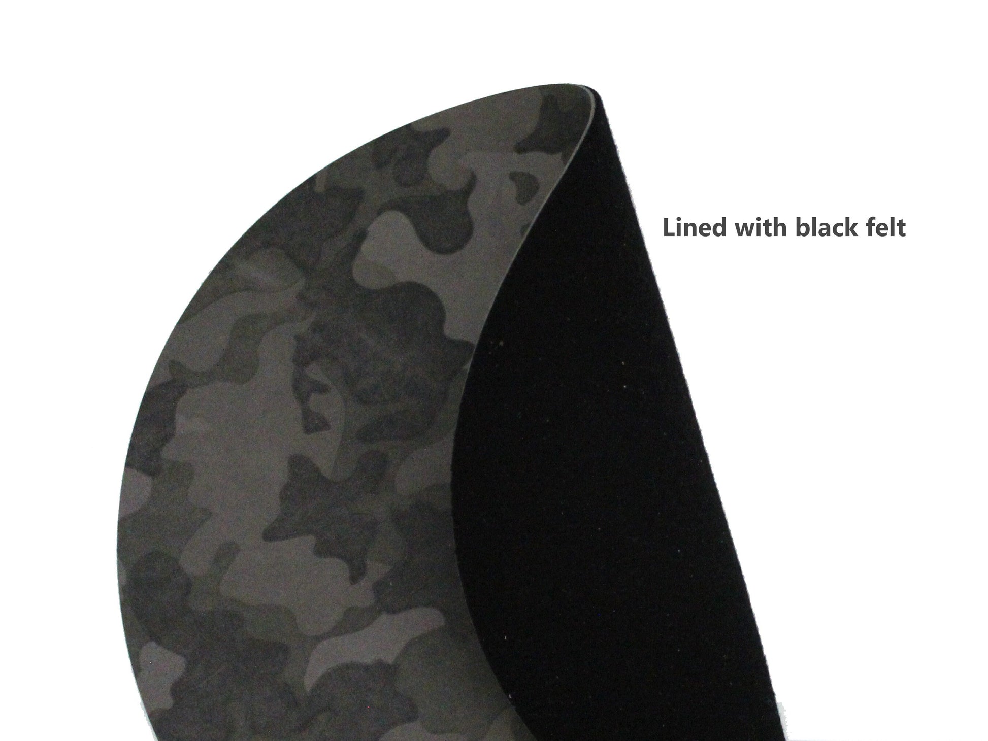 A camouflage patterned leather lined with black felt turntable platter mat