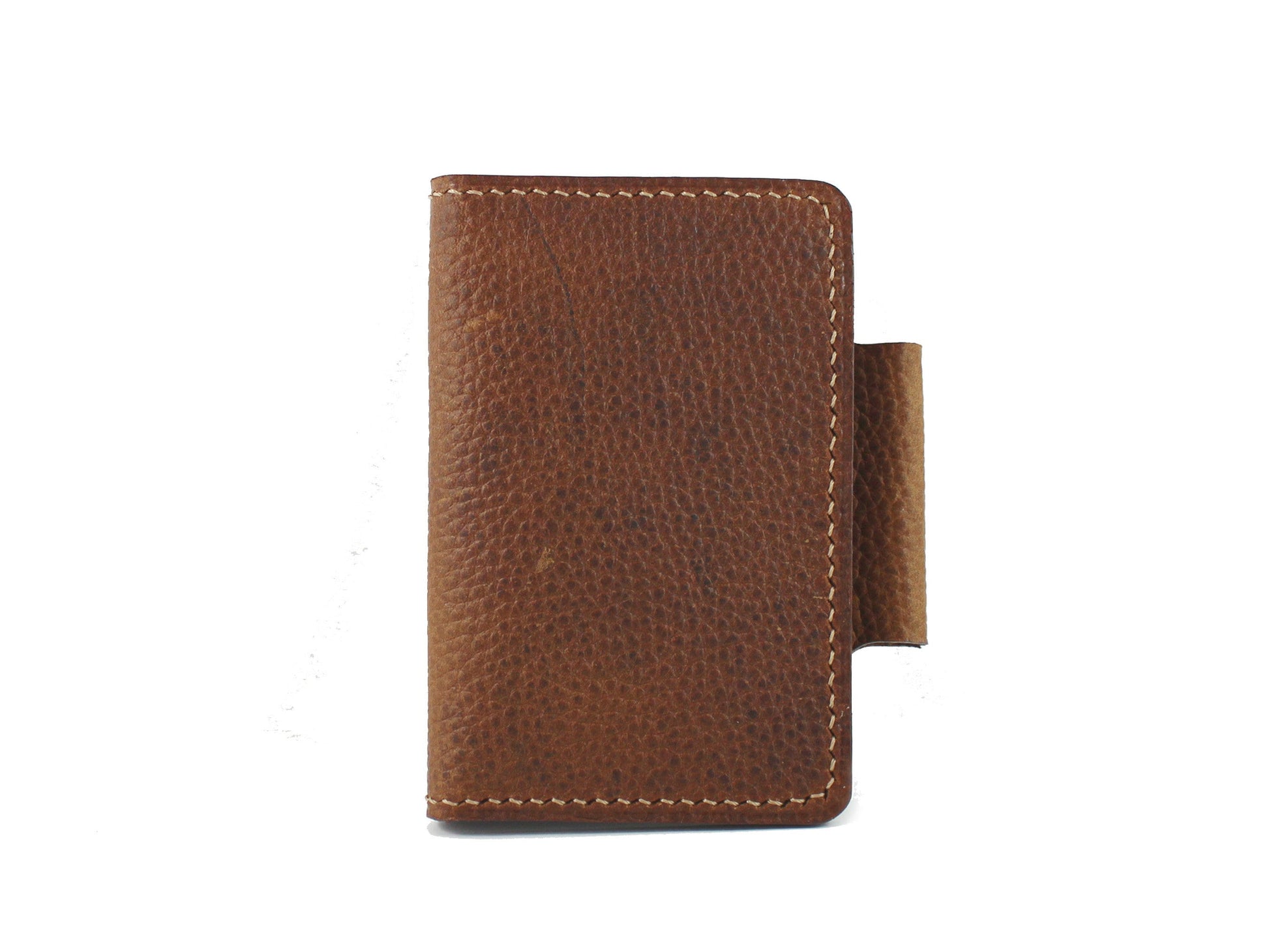 A brown full-grain leather folio pocket journal wallet with card slot and a pen loop holder