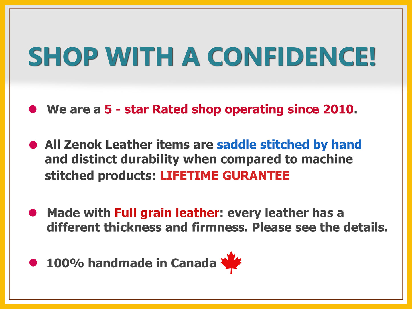 Promotional text about a leather goods shop with features and guarantees.