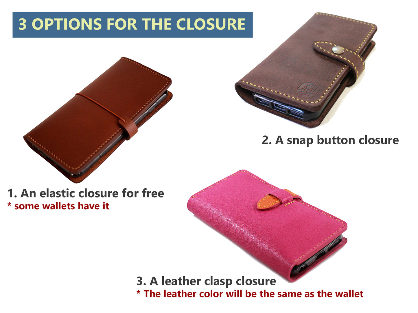 Three different types of wallet closures shown