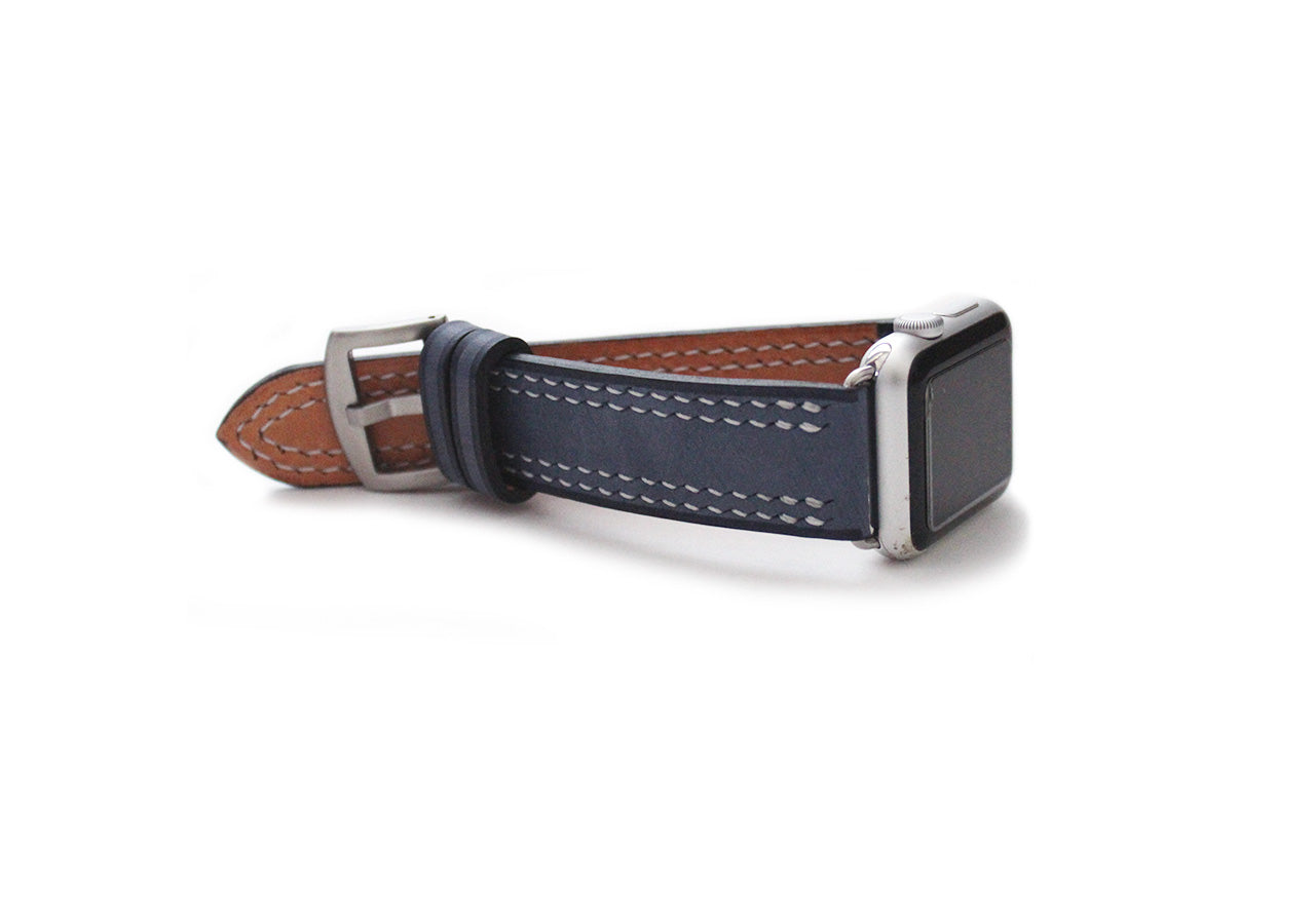 Quad-Stitched Italian leather watch strap with silver buckle 