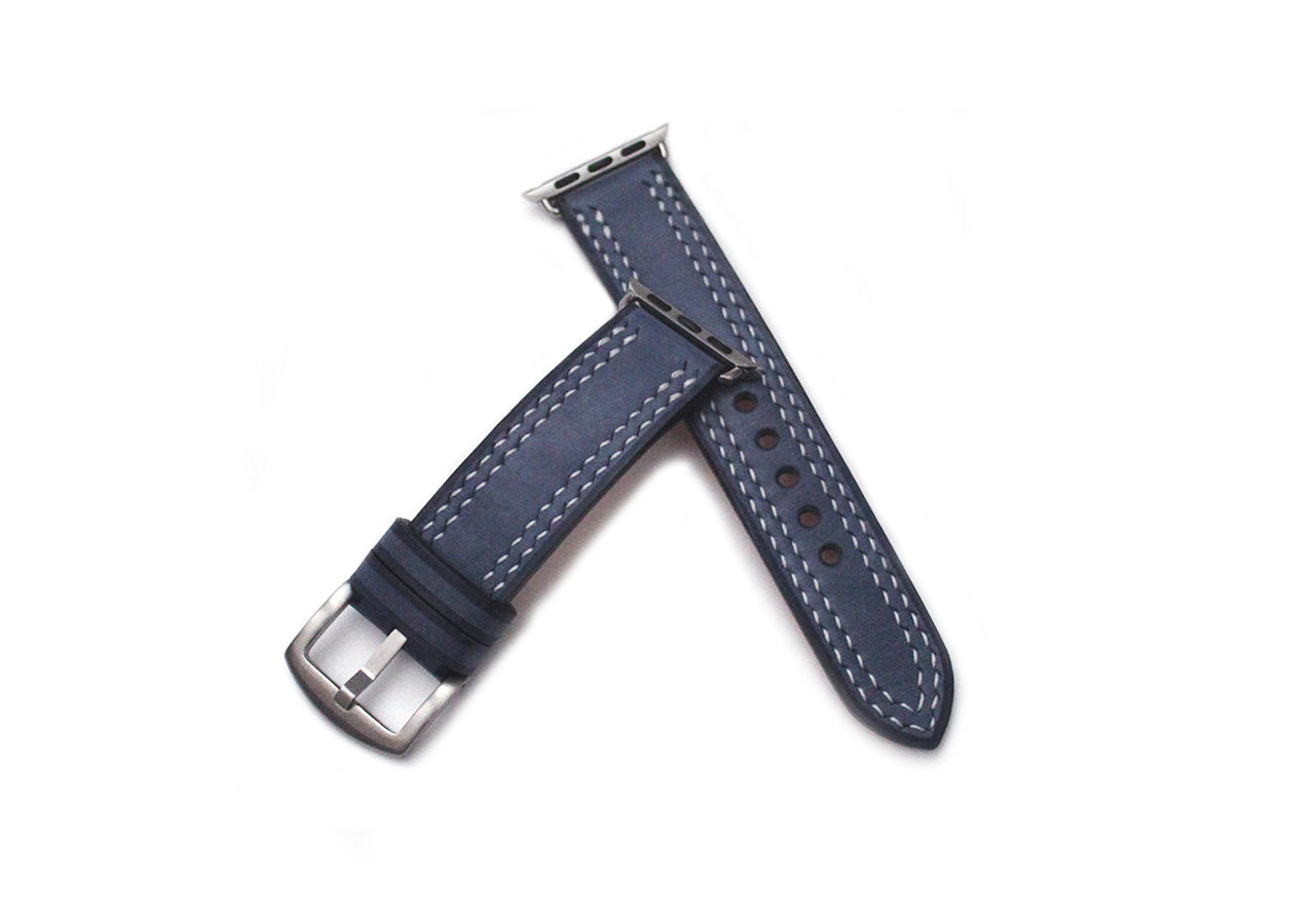 Quad-Stitched Italian blue watch strap with silver buckle 