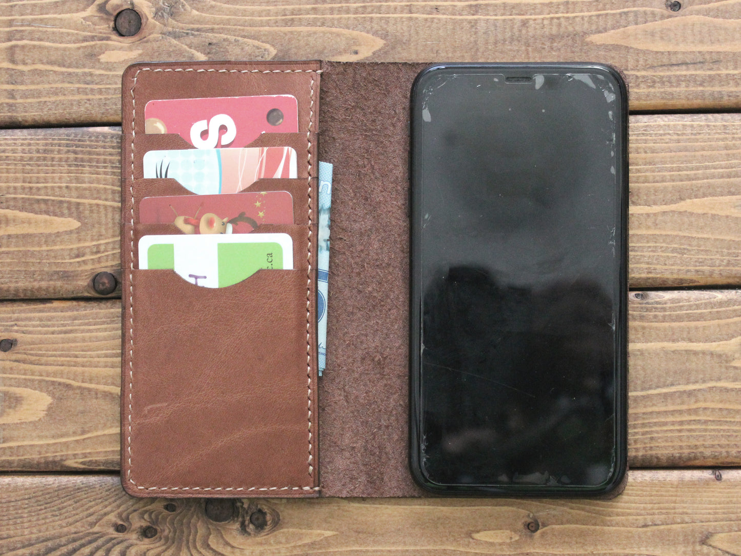 Full Grain Brown leather hand stitched phone wallet with card slots
