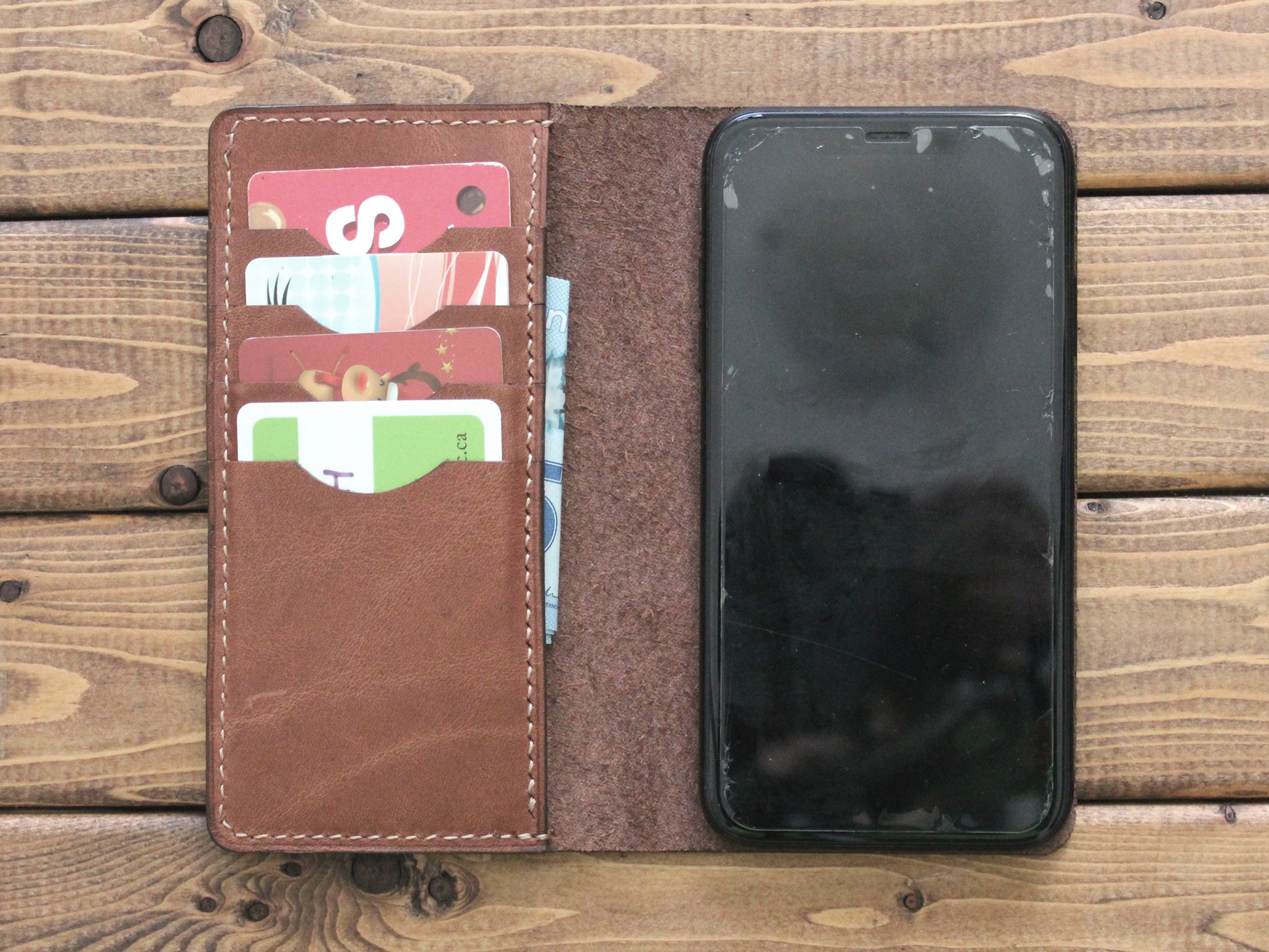 Full Grain Brown leather hand stitched phone wallet with card slots