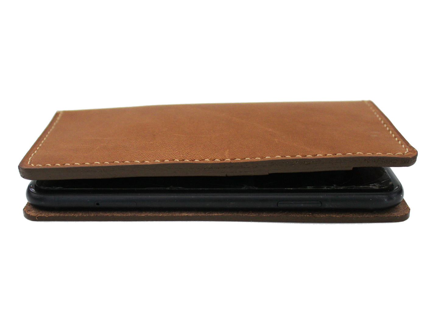 Full Grain Brown leather hand stitched phone wallet with tan stitching