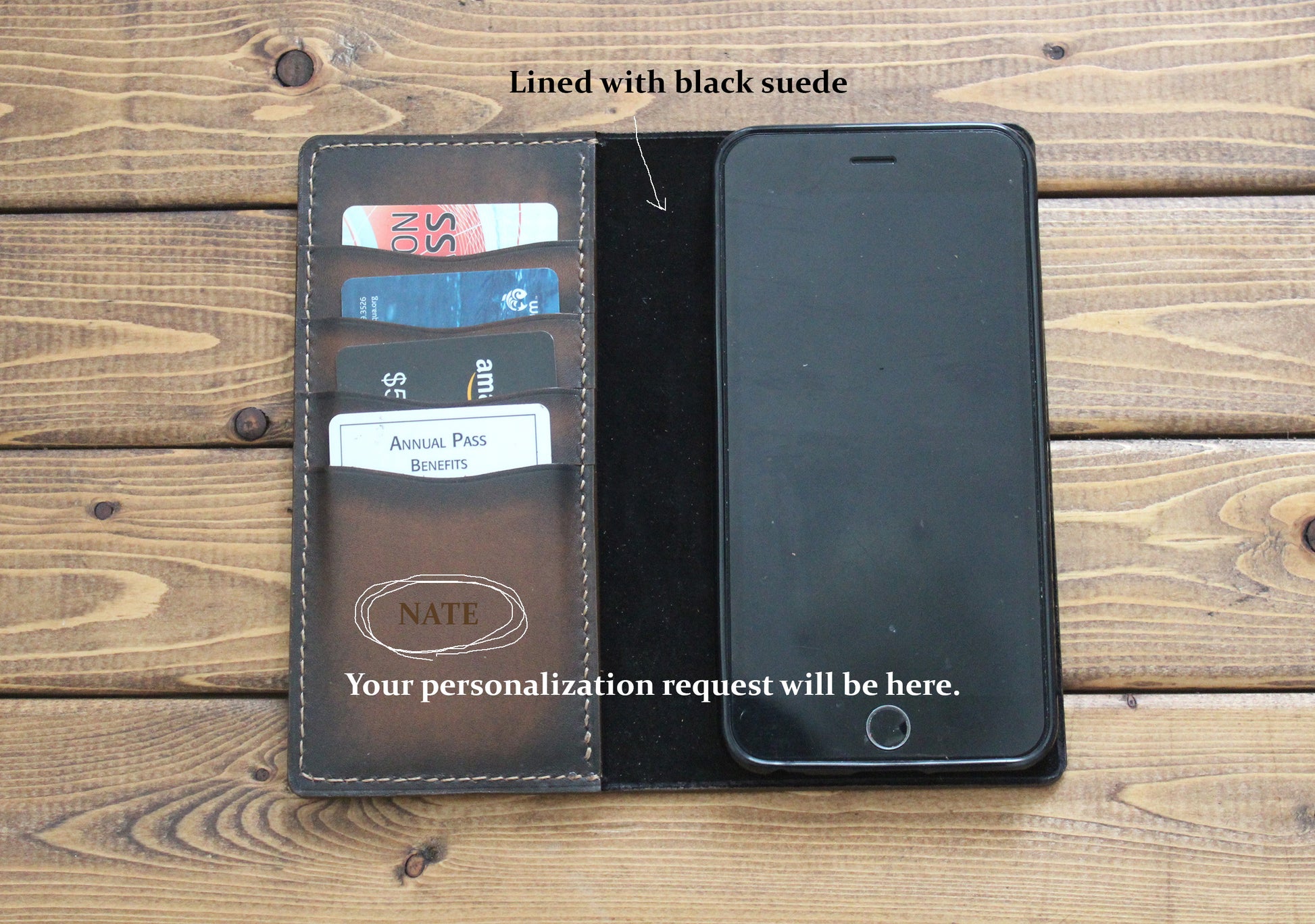 Hand Burnished Italian Calf Brown Leather iPhone Wallet Case with personalization option.