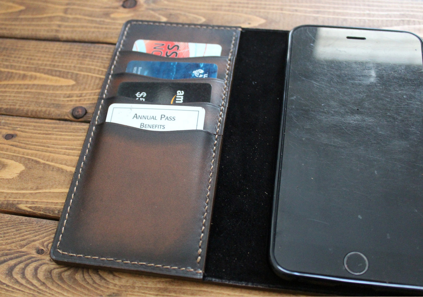 Hand Burnished Italian Calf Brown Leather iPhone Wallet Case with tan stitching, lined in black suede